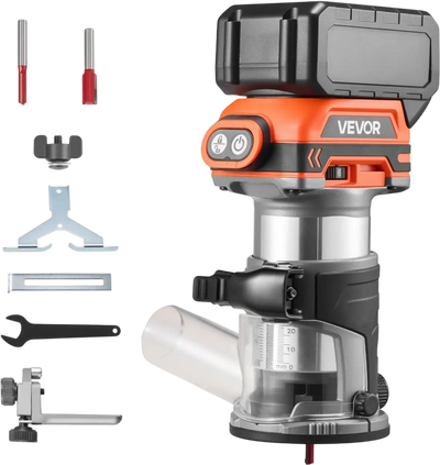 VEVOR Cordless Wood Router, 18V Brushless, Compact Variable Speed Palm Router with Fixed Base, 1/4-Inch Collet, Edge Trimmer Tool for Woodworking, Compatible with Makita 18V Batteries (No Battery)
