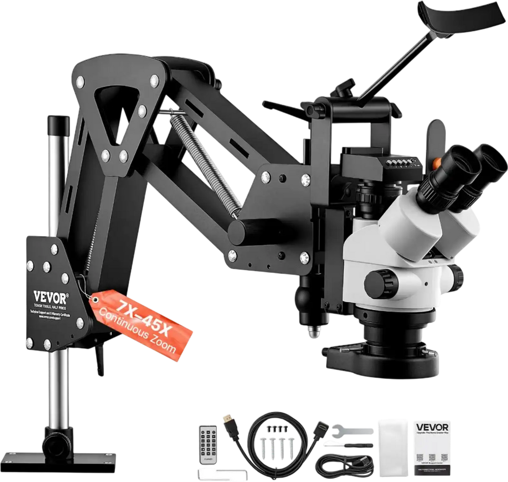 VEVOR Multi-Directional Microscope with Spring Bracket Micro Inlaid Mirror, for Diamond Setting Jewelry Making Engraving, 7X-45X Continuous Magnification, Jewelry Microscope with Adjustable LED Light