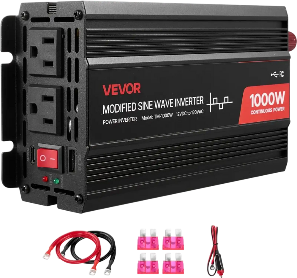 VEVOR 1000W Power Inverter, 12V DC to 120V AC Modified Sine Wave Inverter, Car Charger Converter with USB & Type-C Port, 2 AC Outlets, LED Indicator Light, Ideal for RV, Truck Outdoor Camping
