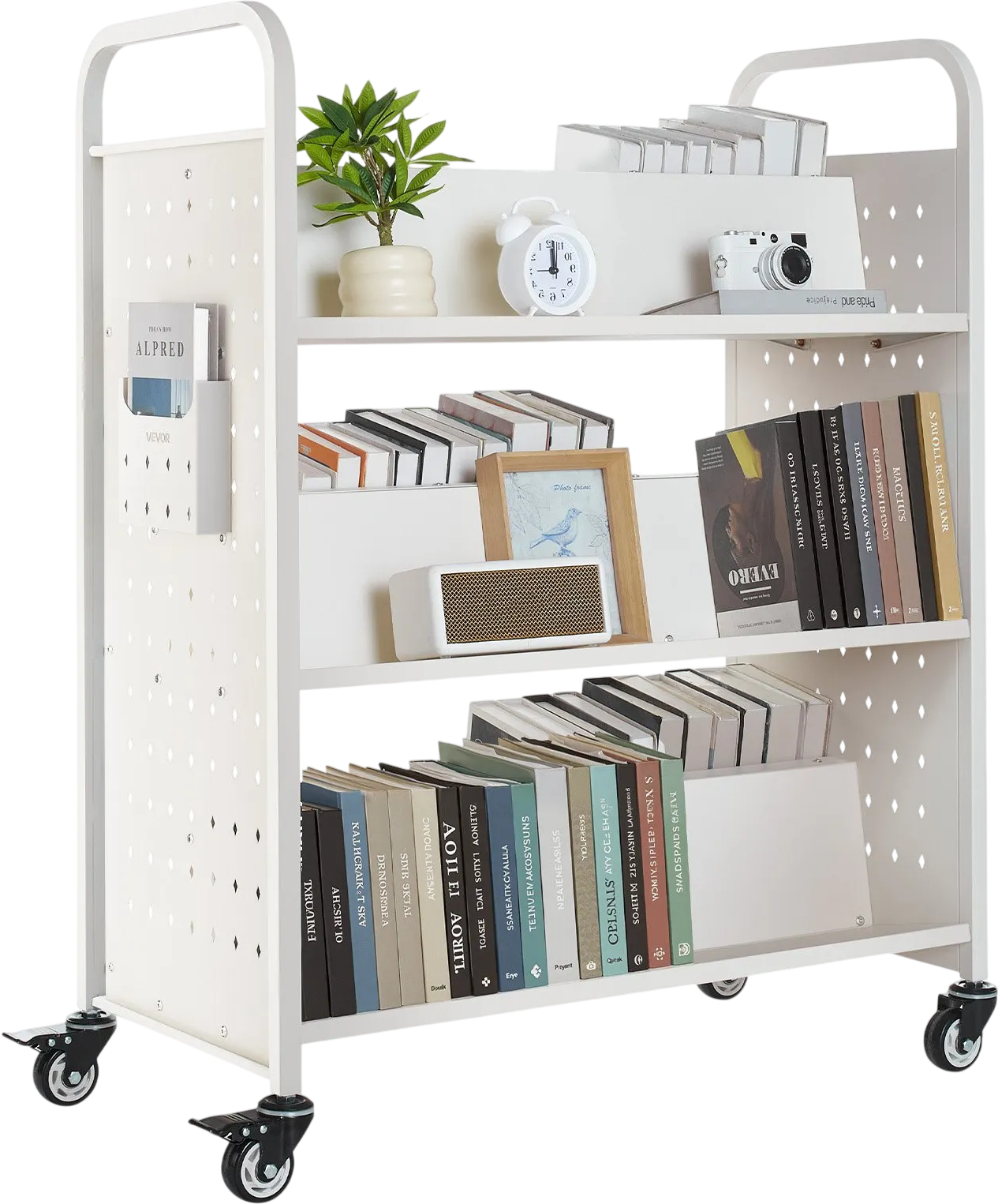 Vevor Rolling Book Cart Double Sided W-Shaped Shelves Lockable Wheels 330 lb. Capacity New