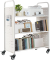 VEVOR Rolling Library Book Cart, 330 lbs Capacity, 38.2 x 20.3 x 48.2-Inch Library Cart, Double Sided W-Shaped Shelves with 3-Inch Lockable Wheels, Book Truck for Home Shelves Office and School, White