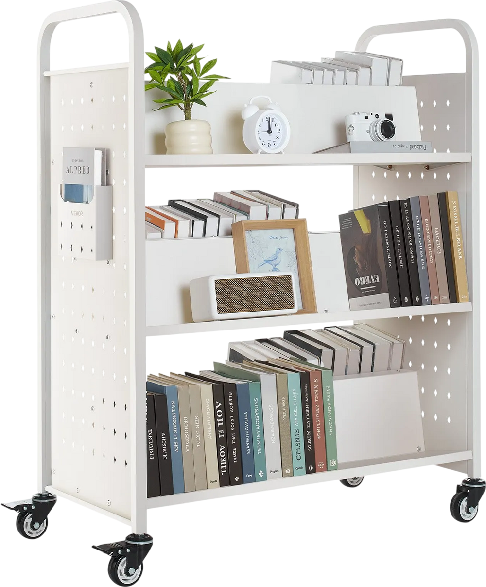 VEVOR Rolling Library Book Cart, 330 lbs Capacity, 38.2 x 20.3 x 48.2-Inch Library Cart, Double Sided W-Shaped Shelves with 3-Inch Lockable Wheels, Book Truck for Home Shelves Office and School, White