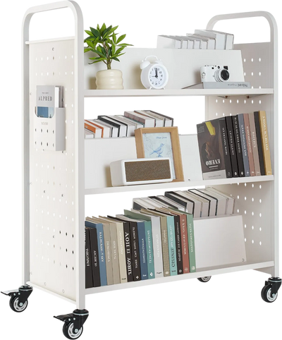 Vevor Rolling Book Cart Double Sided W-Shaped Shelves Lockable Wheels 330 lb. Capacity New