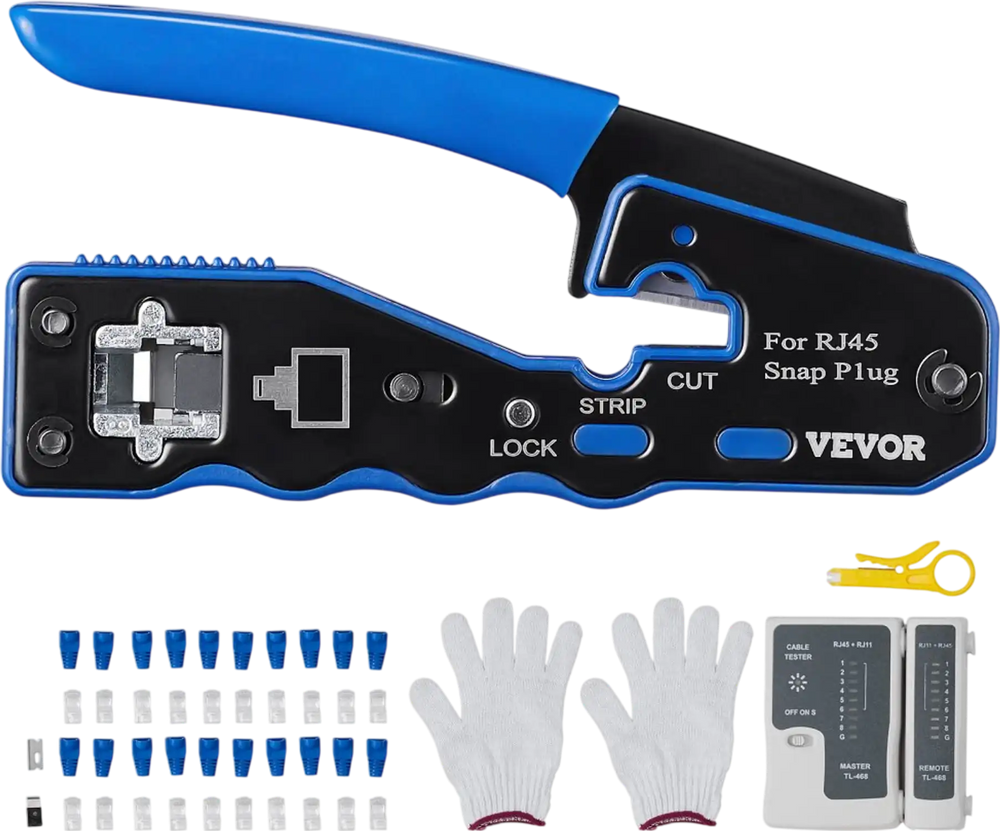 VEVOR RJ45 Crimp Tool Kit, Cat5e/Cat6/Cat6a Pass Through Ethernet Crimper for 8P8C Modular Plugs with 20pcs Connectors and 20pcs Covers, Wire Stripper and Network Tester