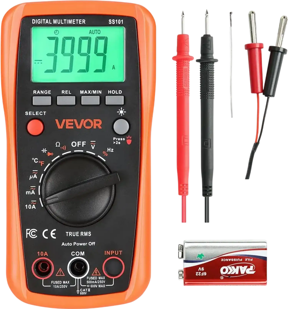 VEVOR Digital Multimeter, 4000-Count TRMS DC/AC Voltmeter Current Tester, Auto-Ranging Multimeter for Current Voltage Resistance Capacitance Temperature Diodes Continuity Duty-Cycle Measurments