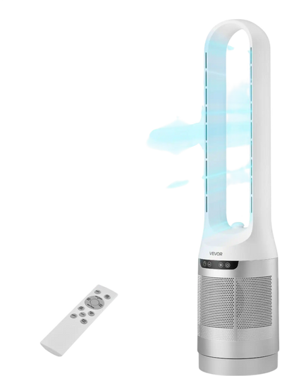 VEVOR Bladeless Tower Fan, 65° Oscillating Standing Fan, 12 Speeds & 4 Modes & 8H Timer, 14.76 ft/s High Velocity Floor Air Circulator, Powerful Airflow for Bedroom, Living Room, Home, Office, White