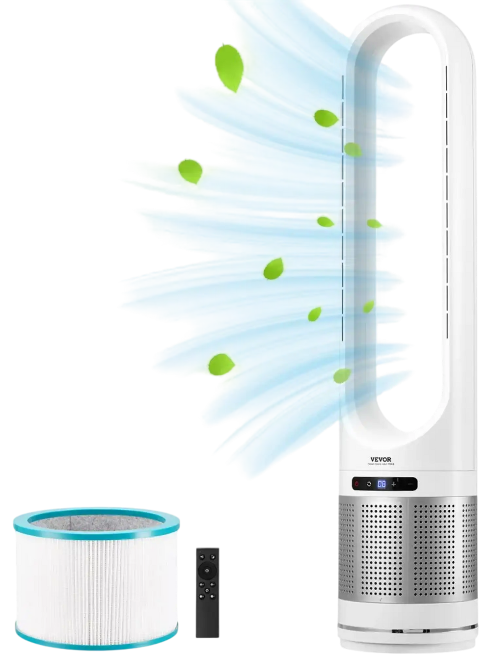 VEVOR Tower Fan Bladeless, 15.4ft/s Velocity Floor Fan that Blows Cold Air, 80° Oscillating 8-Speed Fans, 8H Timer, Standing Fans with H13 HEPA Filtration, Remote Control & Air Purification Mode
