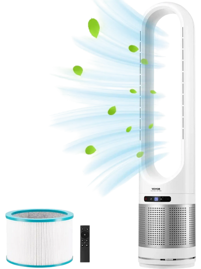 VEVOR Tower Fan Bladeless, 15.4ft/s Velocity Floor Fan that Blows Cold Air, 80° Oscillating 8-Speed Fans, 8H Timer, Standing Fans with H13 HEPA Filtration, Remote Control & Air Purification Mode