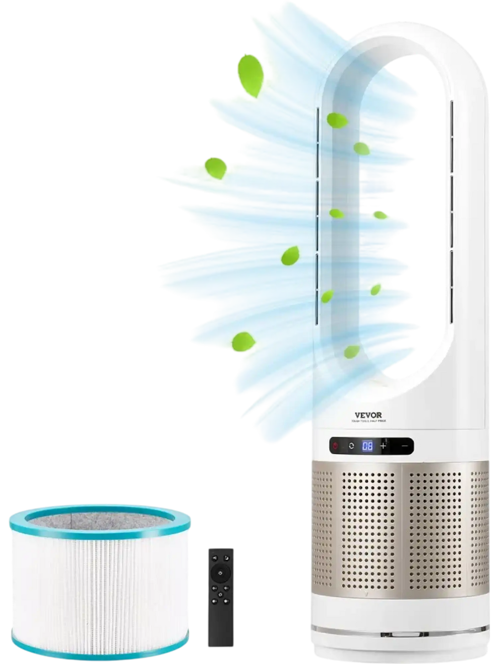 VEVOR Tower Fan Bladeless, 16.4ft/s Velocity Floor Fan that Blows Cold Air, 80° Oscillating 8-Speed Fans, 8H Timer, Standing Fans with H13 HEPA Filtration, Remote Control & Air Purification Mode