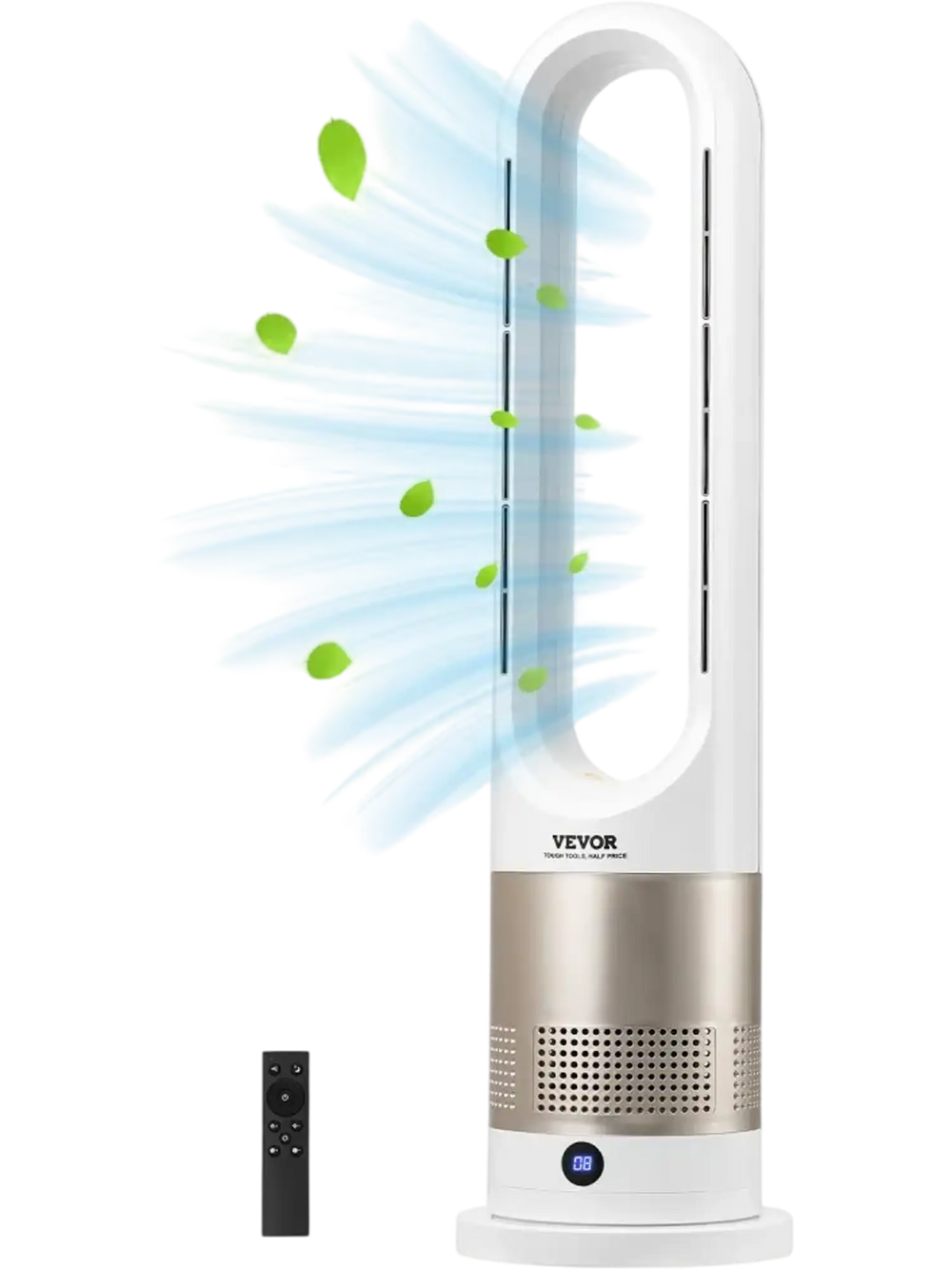 VEVOR Tower Fan Bladeless, 16 ft/s Velocity Quiet Floor Fan that Blows Cold & Heating Air, 80° Oscillating Fans with 8 Speeds, 9H Timer, Standing Fans with Remote Control for Bedroom, Office, Home