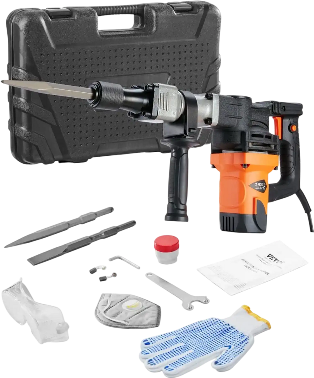 VEVOR Demolition Jack Hammer, 1400W Electric Jackhammer Heavy Duty, 2900 BPM Concrete Breaker, 2pcs Chisels Bits Chipping with Case, Gloves