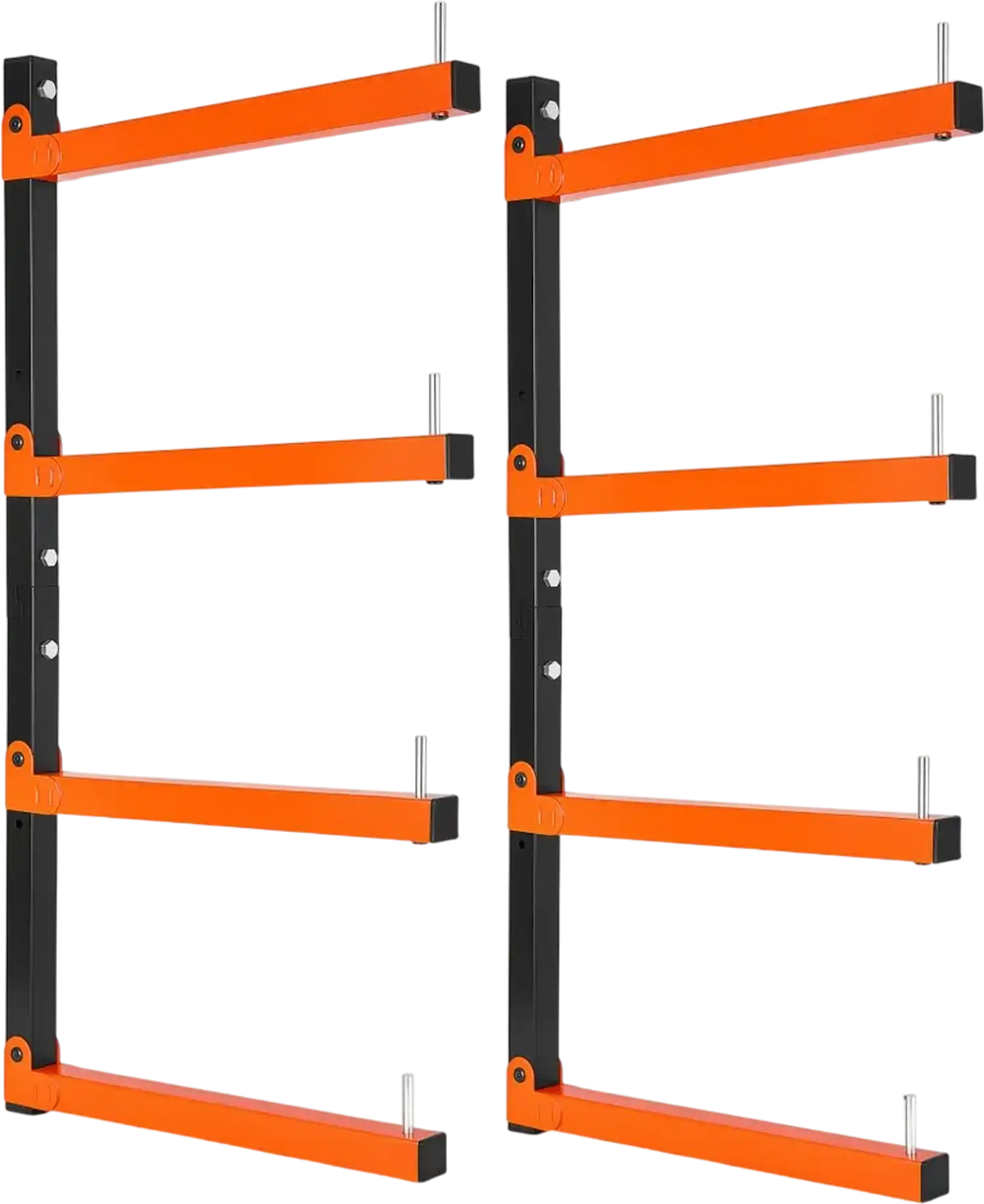 VEVOR Lumber Rack, 4-Tier 2-Pack 110 lbs per Tier, Foldable Wood Storage, Wall-mounted for Garages, Workshops, Warehouse, Heavy-Duty Cantilever Arms, 3-Level Adjustment, Steel, Orange & Black