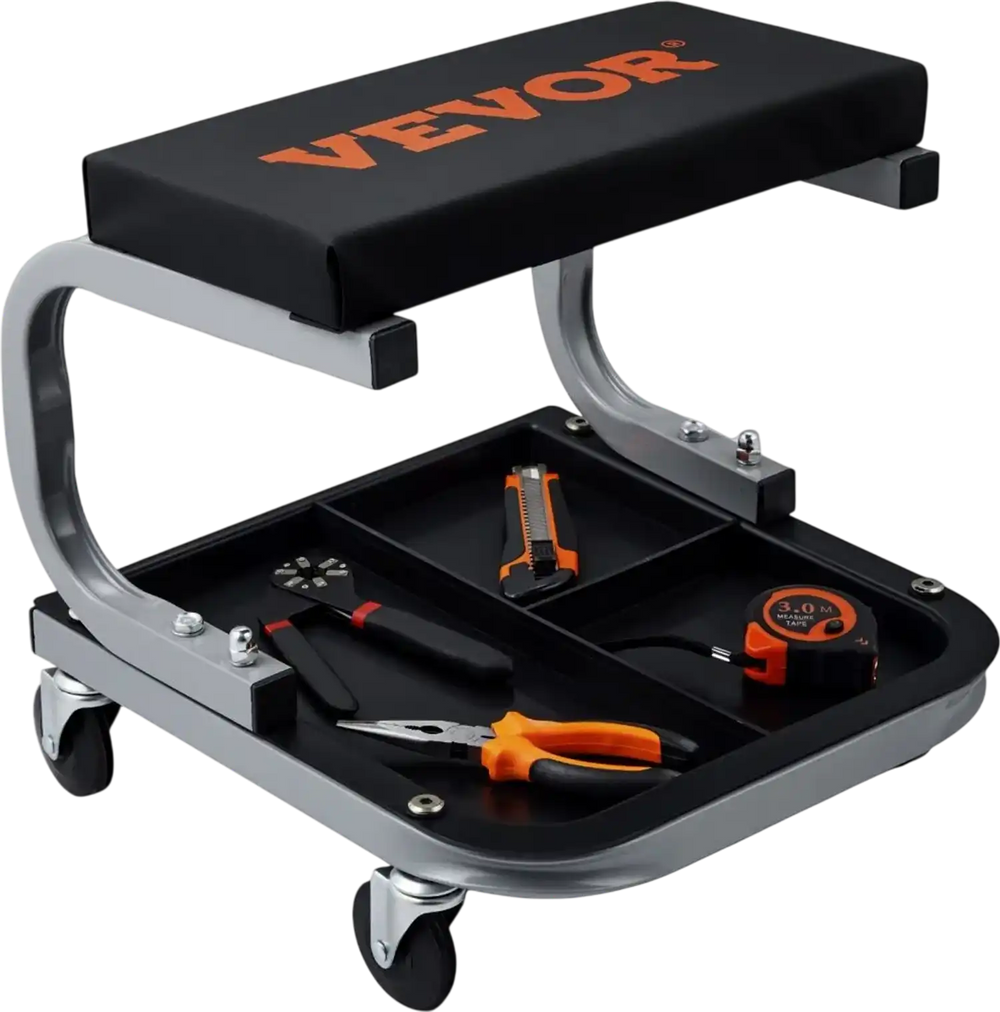 VEVOR Rolling Creeper Garage/Shop Seat, 250 LBS Capacity Padded Rolling Workshop Stool with Tool Tray Storage, Mechanic Stool for Garage, Shop, Auto Repair, Black
