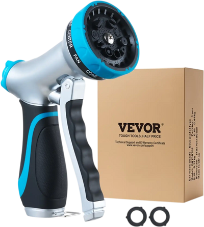 VEVOR Hose Nozzle, 10 Adjustable Spray Patterns, Metal Water Hose Nozzle with Comfortable Ergonomic Grip, Garden Hose Nozzle Sprayer with Flow Control for Watering Plants & Lawns, Washing Cars & Pets