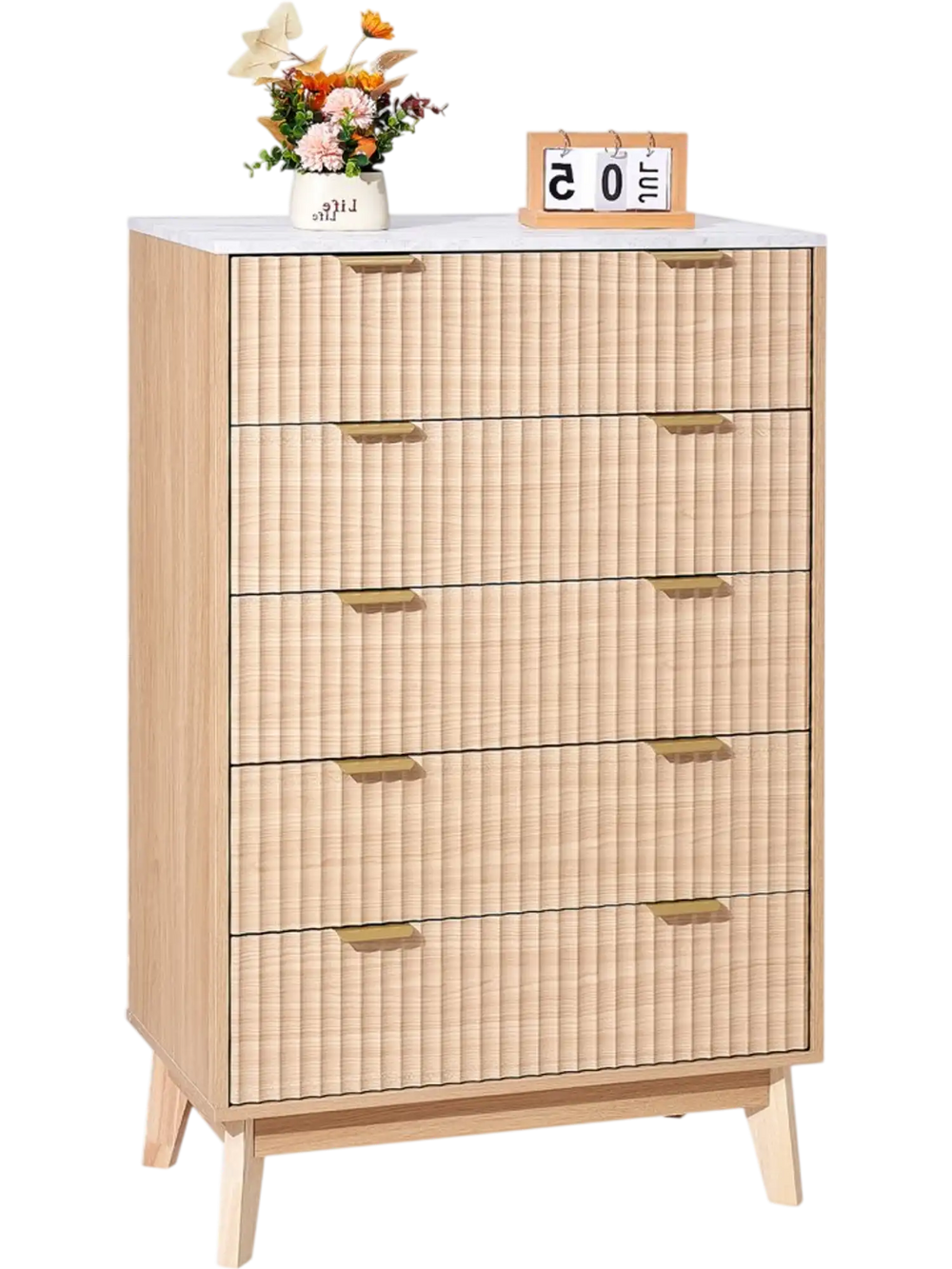 VEVOR 5 Fluted Drawer Dresser, Wooden Chest of Drawers with Sliding & Anti-tip Device, Modern Minimalist Dresser Chest, Closet Storage Organizer for Living Room, Hallway, Bedroom, Entryway, Light Wood