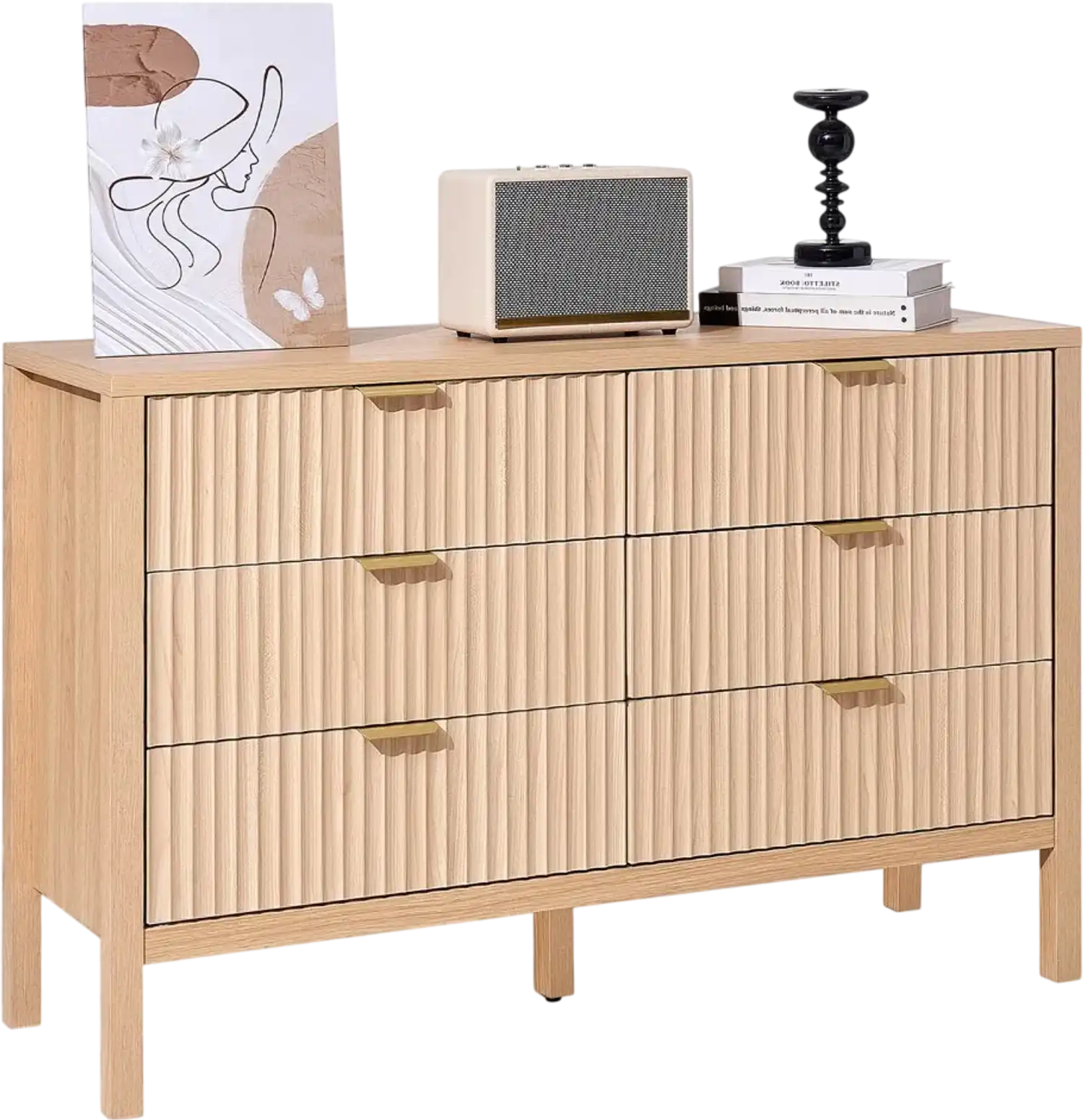 Vevor Dresser Fluted 6-Drawer Wooden Chest of Drawers Light Wood New