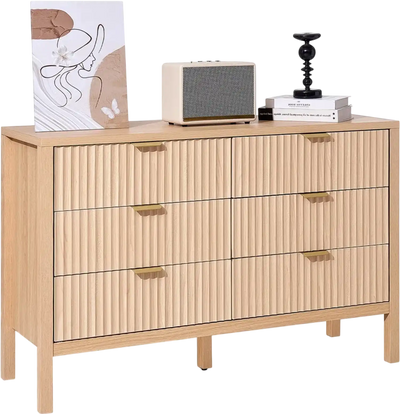 Vevor Dresser Fluted 6-Drawer Wooden Chest of Drawers Light Wood New