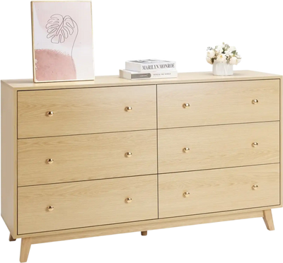 VEVOR 6 Drawer Dresser, Wooden Chest of Drawers with Sliding with Anti-tip Device, Modern Minimalist Dresser Chest, Closet Storage Organizer for Living Room, Hallway, Bedroom, Entryway, Light Wood