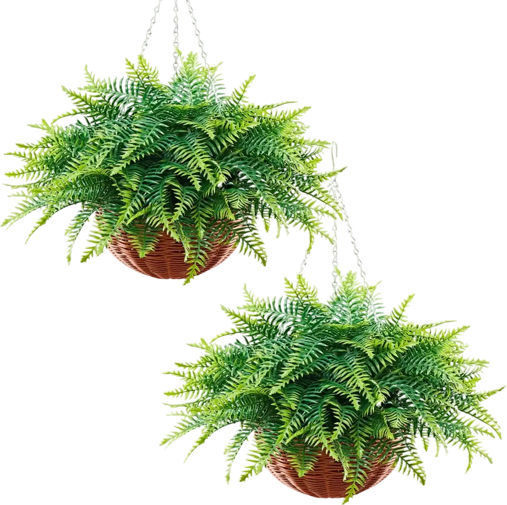 VEVOR Artificial Ferns, 2 Pcs Fake Hanging Boston Fern Bush Plant with 23 Inch Hanging Length, Plastic Faux Greenery for Indoor and Outdoor Decor, For Wall, Wedding Party, Home, Porch Garden, Office