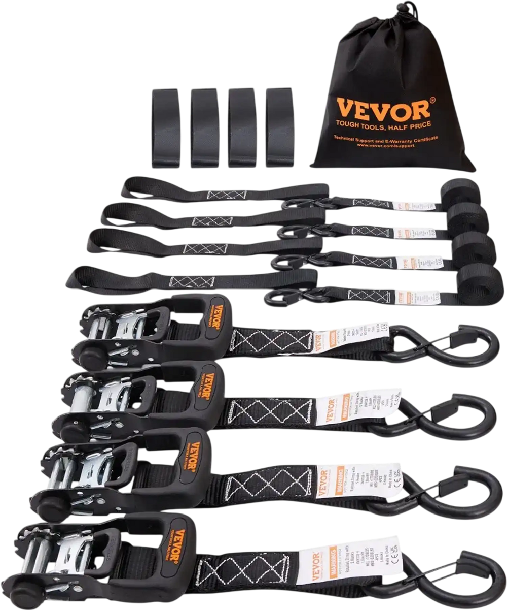 VEVOR Ratchet Tie Down Straps (4PK), 5208 lb Max Break Strength, Includes 4 Premium 1.6" x 8' Rachet Tie Downs with Padded Handles, for Moving Securing Cargo, Appliances, Lawn Equipment, Motorcycle