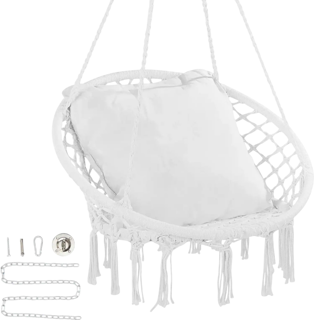 VEVOR Hanging Hammock Swing Chair, 330 lbs Capacity, Macramé Hanging Chair with Cushion and Mounting Hardware, Cotton Rope Swing Chair for Bedroom, Balcony, Patio, Garden, White