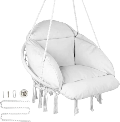 VEVOR Hanging Hammock Swing Chair, Macramé Hanging Chair with Cushion and Mounting Hardware, Cotton Rope Swing Chair for Bedroom, Balcony, Patio, Garden, 264 lbs Capacity, White