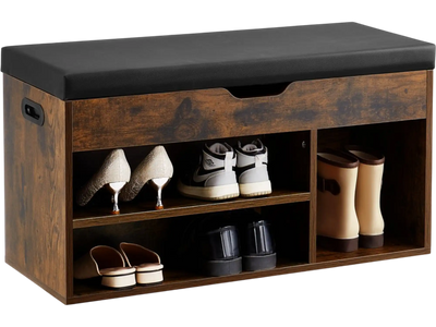 VEVOR Entryway Shoe Bench, 31.7 x 12.0 x 17.5 Inch Shoe Storage Organizer with Lift Top Storage Space, 300lbs Bench with Cushion Seat and 3 Cabinets for Hallway, Living Room, Bedroom, Brown + Black