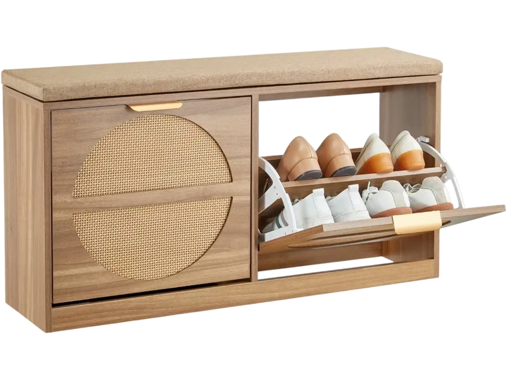 VEVOR Entryway Shoe Storage Bench 38.9" Wide 2-Tier Shoe Bench Rattan-Like, with 2 Flip Drawers, 440 lbs Load Capacity Storage Rack with Padded Seat Cushion, for Hallway, Living Room, and Bedroom