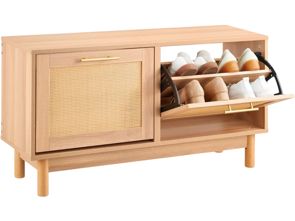 VEVOR Entryway Shoe Bench, 39.4 x 11.8 x 20.9 Inch Rattan-Like Shoes Bench with 2 Flip Drawers, 300lbs Shoe Storage Rack with 4 Compartments and 2 Rattan Doors, for Hallway, Living Room, Bedroom