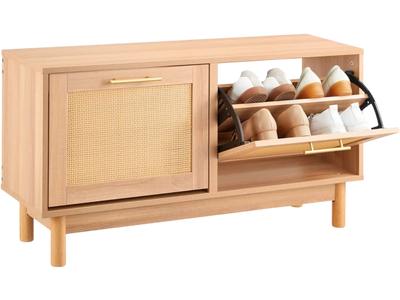 VEVOR Entryway Shoe Bench, 39.4 x 11.8 x 20.9 Inch Rattan-Like Shoes Bench with 2 Flip Drawers, 300lbs Shoe Storage Rack with 4 Compartments and 2 Rattan Doors, for Hallway, Living Room, Bedroom