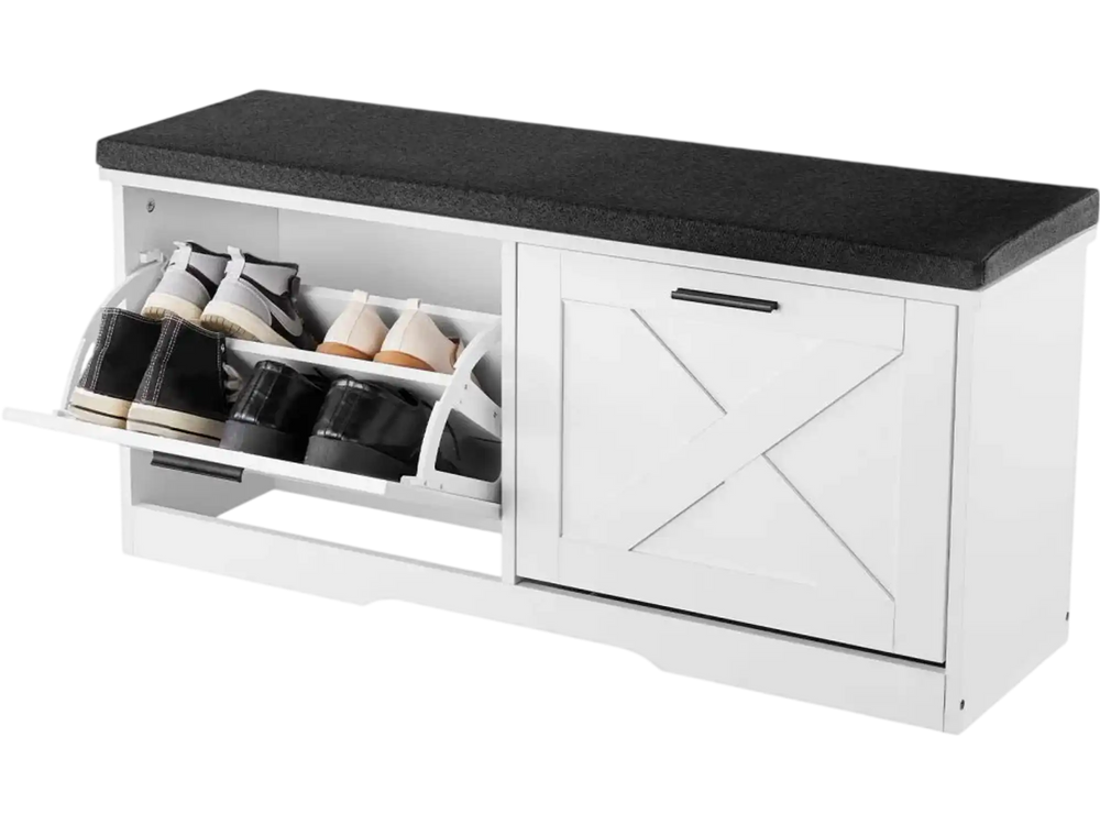 VEVOR Entryway Shoe Storage Bench 39.4" Wide 2-Tier Shoe Bench Black White, with 2 Flip Drawers, 440 lbs Load Capacity Storage Rack with Padded Seat Cushion, for Hallway, Living Room, and Bedroom