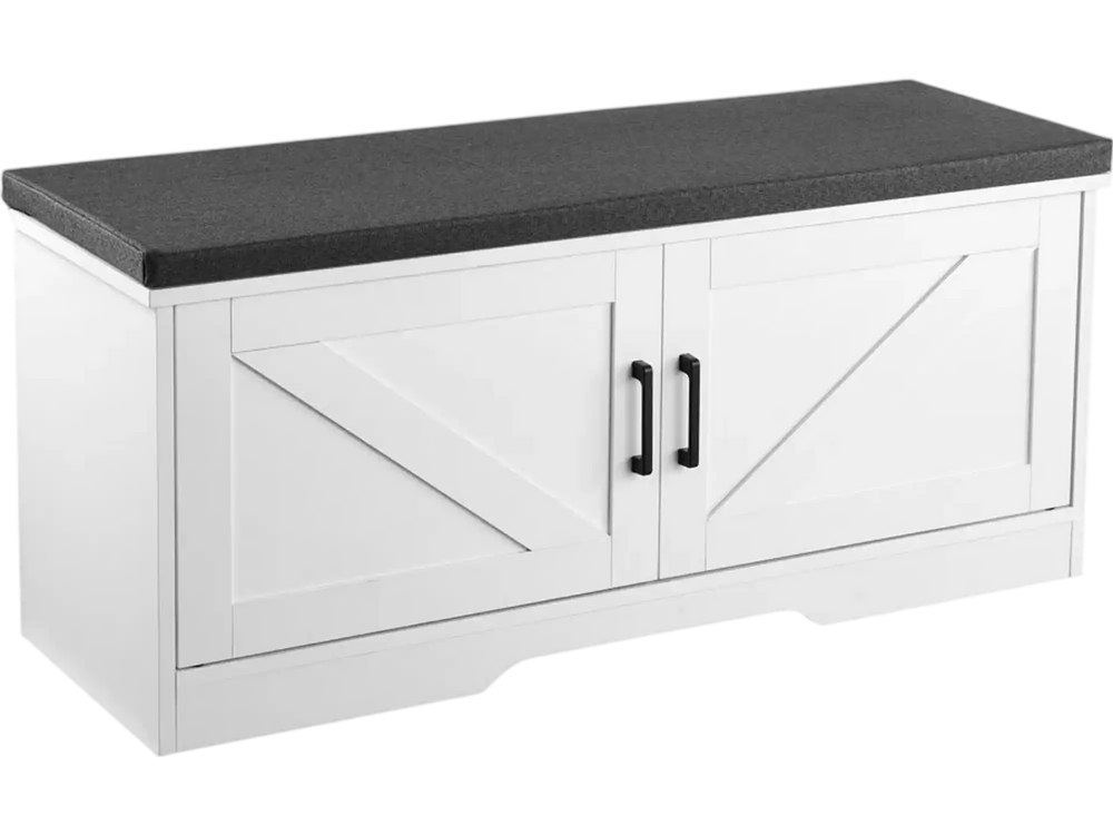 VEVOR Shoe Storage Bench, 39.4 x 14.0 x 18.1 Inch Shoe Organizer with Padded Seat Cushion, Entryway Bench with 2 Barn Doors and Height Adjustable Shelf, for Hallway, Living Room, Bedroom, White+Black