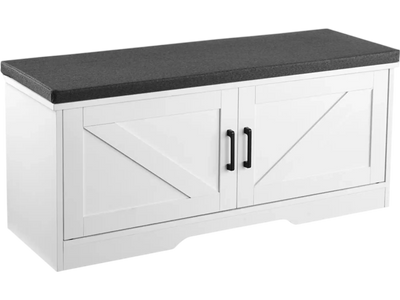 VEVOR Shoe Storage Bench, 39.4 x 14.0 x 18.1 Inch Shoe Organizer with Padded Seat Cushion, Entryway Bench with 2 Barn Doors and Height Adjustable Shelf, for Hallway, Living Room, Bedroom, White+Black