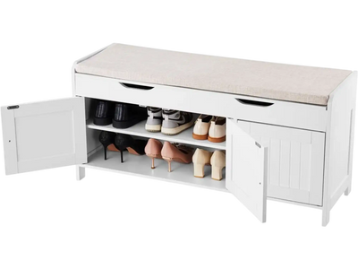 VEVOR Shoe Bench, 41.3 x 13.8 x 19.8 Inch Entryway Bench with Lift Top Storage and Seat Cushion, 250lbs Shoe Rack with 3 Cabinets and Height Adjustable Shelf, for Bedroom, Hallway, White + Black
