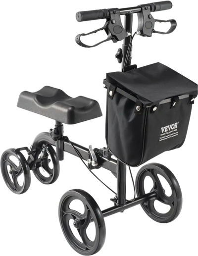 VEVOR Folding Knee Scooter, Carbon Steel Steerable Knee Walker with Height-Adjustable Handlebar & Knee Pad, All-Terrain Solid Wheels, Dual Brakes, Leg Recovery Scooter for Broken Ankle Foot Injuries