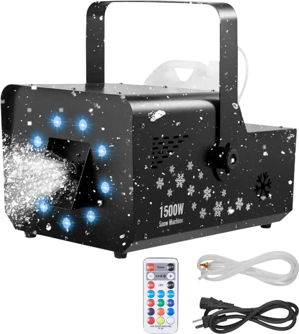 VEVOR 1500W Snow Machine with RGB DMX512 Signal Control, 9 LED Lights, Wireless Remote, High Output Snowflake Machine with 5L Tank, Portable DJ Stage Snow Maker for Christmas Parties Stage Effects