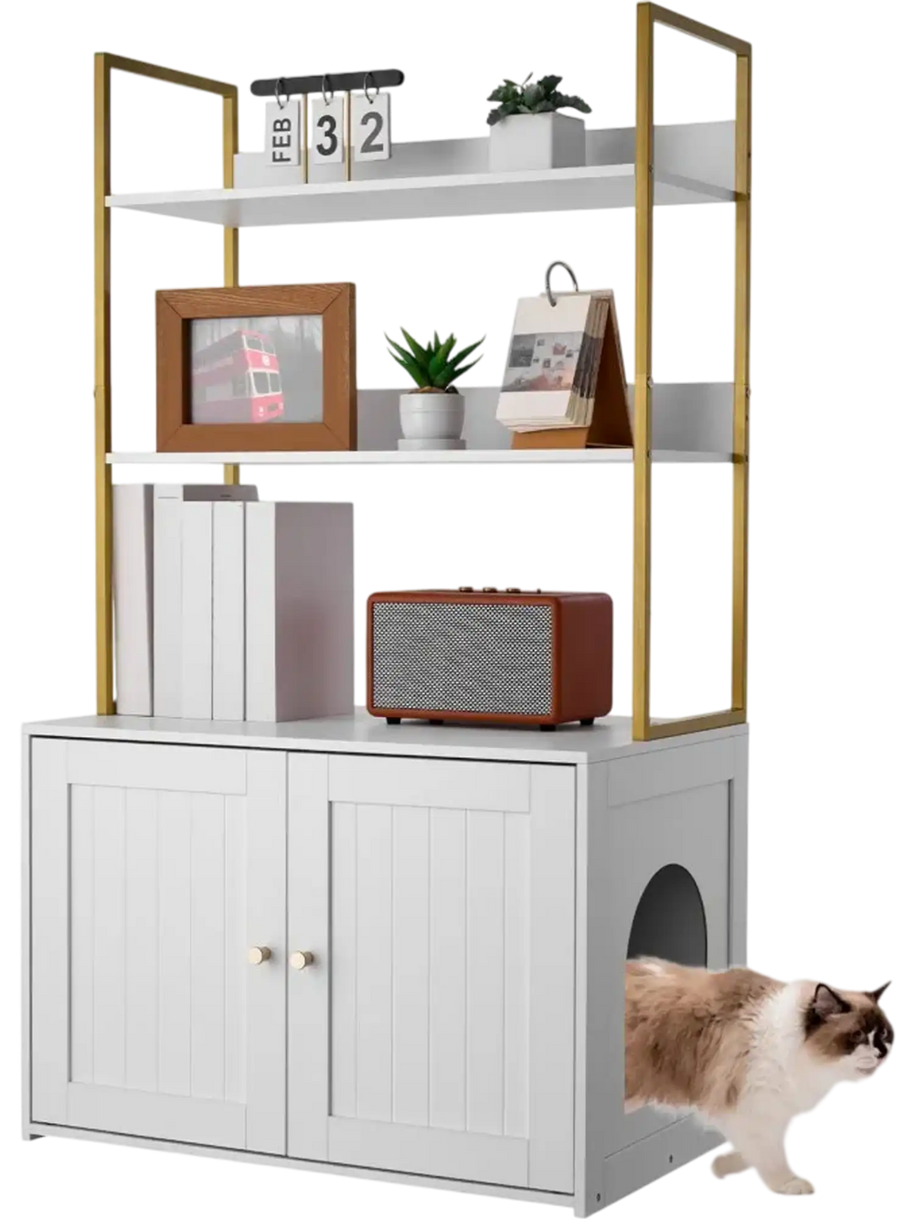 VEVOR Cat Litter Box Enclosure Furniture, 27.6 in Hidden Litter Box Cabinet with Metal Legs & 2-Tier Storage Shelves, Waterproof Cat Washroom Cat House, Fit Most of Litterbox, for Living Room