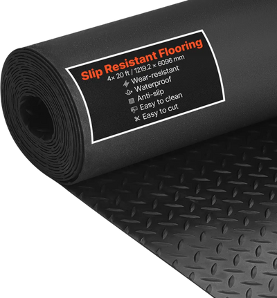 VEVOR Garage Floor Roll, 4 x 20 ft Garage Flooring Mat, 3 mm Thickened Rubber Diamond Plate Floor Protector Mat, Non-Slip, Wear-resist, Waterproof, Easy to Clean for Warehouse, Gyms,Trailer, Black