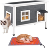 VEVOR Heated Outdoor Cat House for 1-3 Cats Feral Shelter with Heating Pad, for Outside Winter, Large Weatherproof Windproof Insulated Wooden Home, Waterproof Asphalt Roof, Escape Door & PVC Curtain