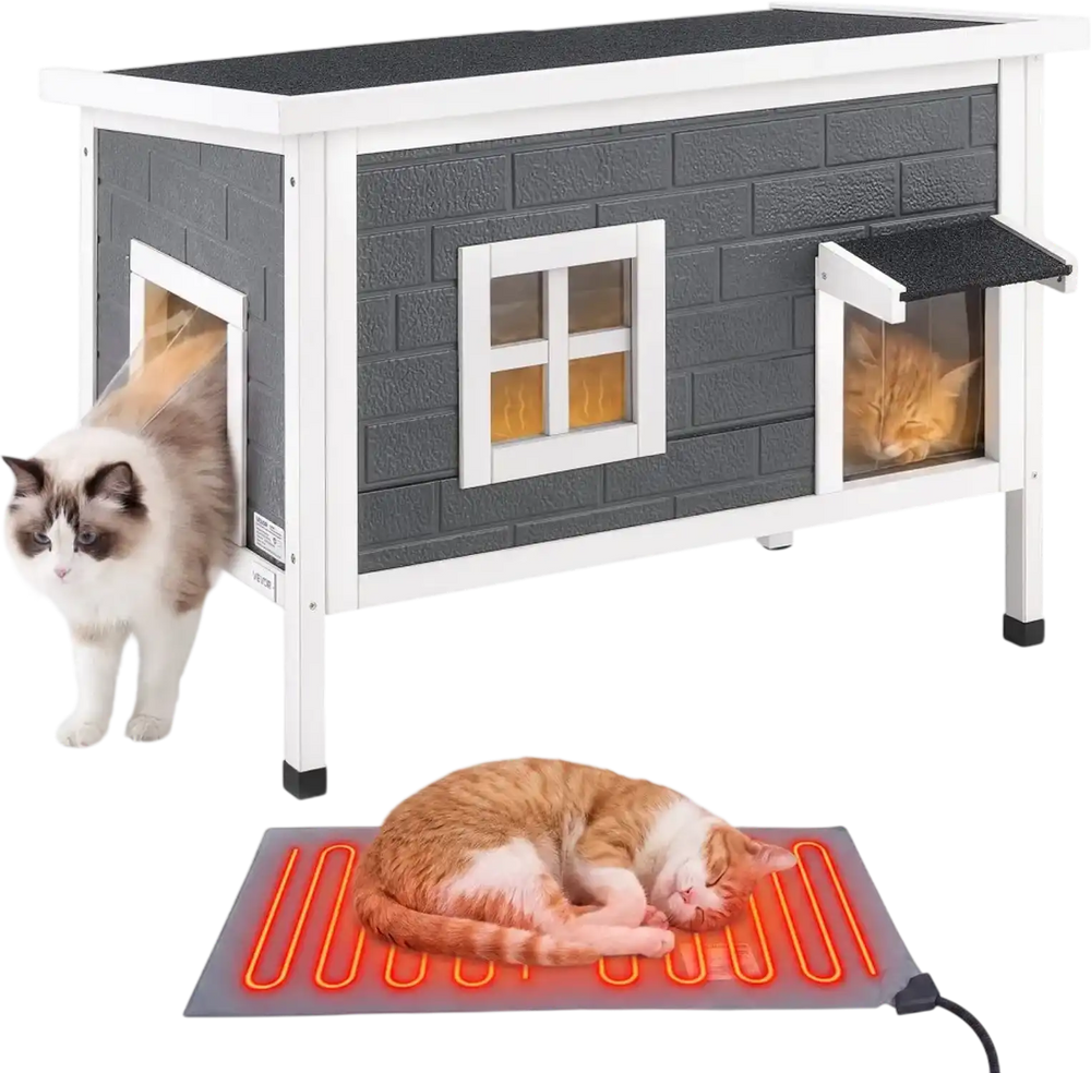 VEVOR Heated Outdoor Cat House for 1-3 Cats Feral Shelter with Heating Pad, for Outside Winter, Large Weatherproof Windproof Insulated Wooden Home, Waterproof Asphalt Roof, Escape Door & PVC Curtain