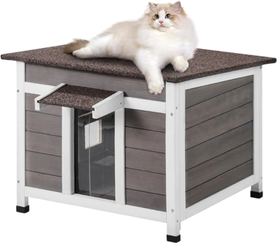VEVOR Outdoor Cat House Weatherproof, Feral Cat Shelter for Multiple Cats, Outdoor Wooden Cat Rabbit House with a Window, Open Roof and PVC Door Flaps, 24