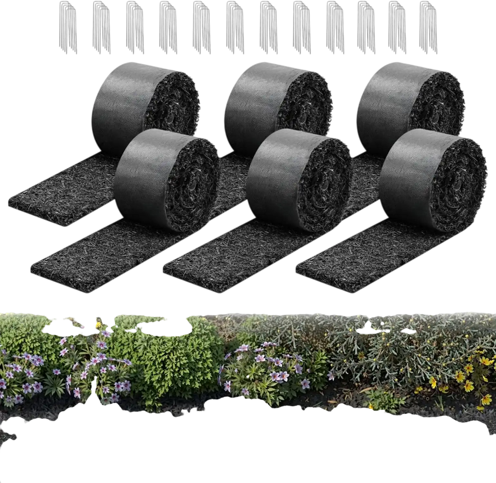 VEVOR Rubber Mulch Mat Roll, 6 Rolls 120 x 4.5 in, Recycled Rubber Permanent Mulch Edging Border, Natural-Looking Flower Barrier with Stakes, 0.5 in Thick Cuttable Garden Edgings for Landscaping
