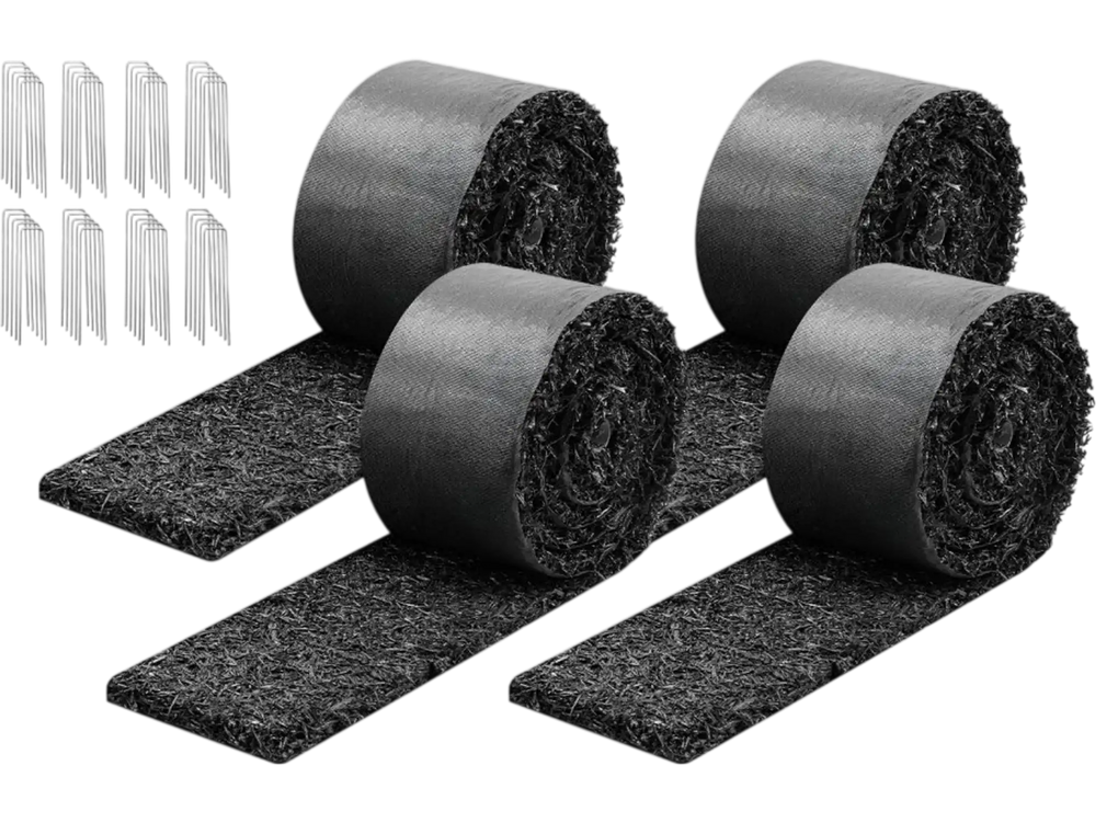 VEVOR Rubber Mulch Mat Roll, 4 Rolls 120 x 4.5 in, Recycled Rubber Permanent Mulch Edging Border, Natural-Looking Flower Barrier with Stakes, 0.5 in Thick Cuttable Garden Edgings for Landscaping