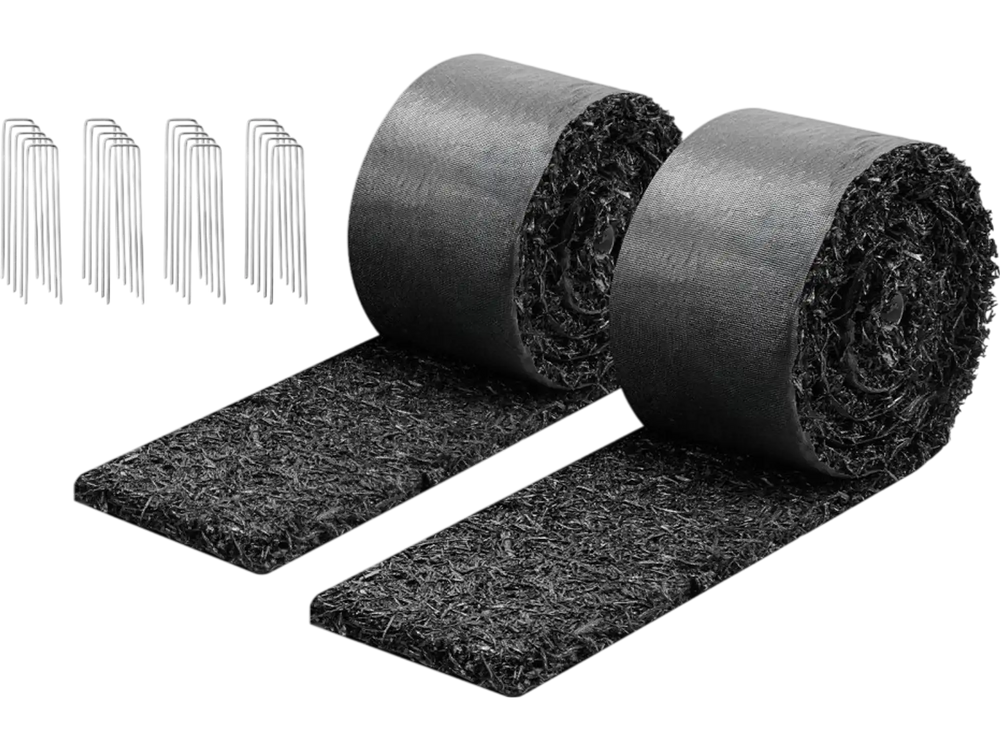 VEVOR Rubber Mulch Mat Roll, 2 Rolls 120 x 4.5 in, Recycled Rubber Permanent Mulch Edging Border, Natural-Looking Flower Barrier with Stakes, 0.5 in Thick Cuttable Garden Edgings for Landscaping