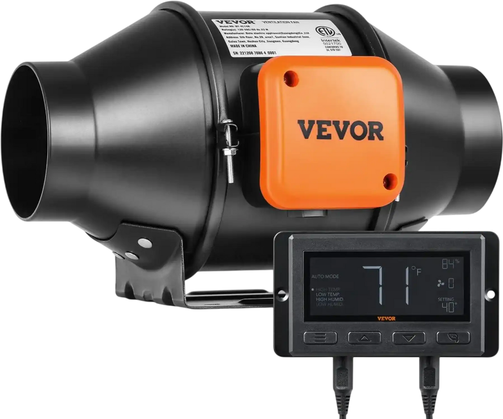 VEVOR Inline Duct Fan, 4-Inch 205 CFM Quiet EC-motor Ventilation Exhaust Fan, with Temperature Humidity Controller for Cooling Booster, Grow Tents, Hydroponics