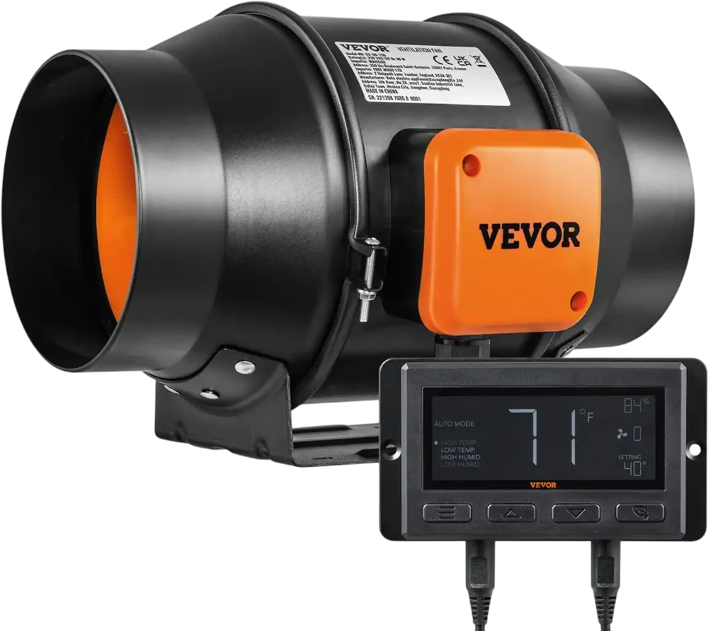 VEVOR Inline Duct Fan, 6-Inch 402 CFM with Temperature Humidity Controller, Quiet EC-motor Ventilation Exhaust Fan for Cooling Booster, Grow Tents, Hydroponics