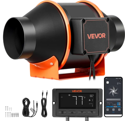 VEVOR Inline Duct Fan, 205 CFM 4 inch EC Motor Exhaust Ventilation Fan with 10-Speed, PWM Controller, App Control, Temperature Humidity Sensor, Cooling for Grow Tent, Indoor Gardening, Hydroponics
