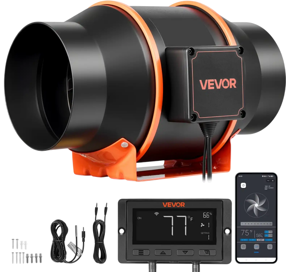 VEVOR Inline Duct Fan, 402 CFM 6 inch EC Motor Exhaust Ventilation Fan with 10-Speed, PWM Controller, App Control, Temperature Humidity Sensor, Cooling for Grow Tent, Indoor Gardening, Hydroponics
