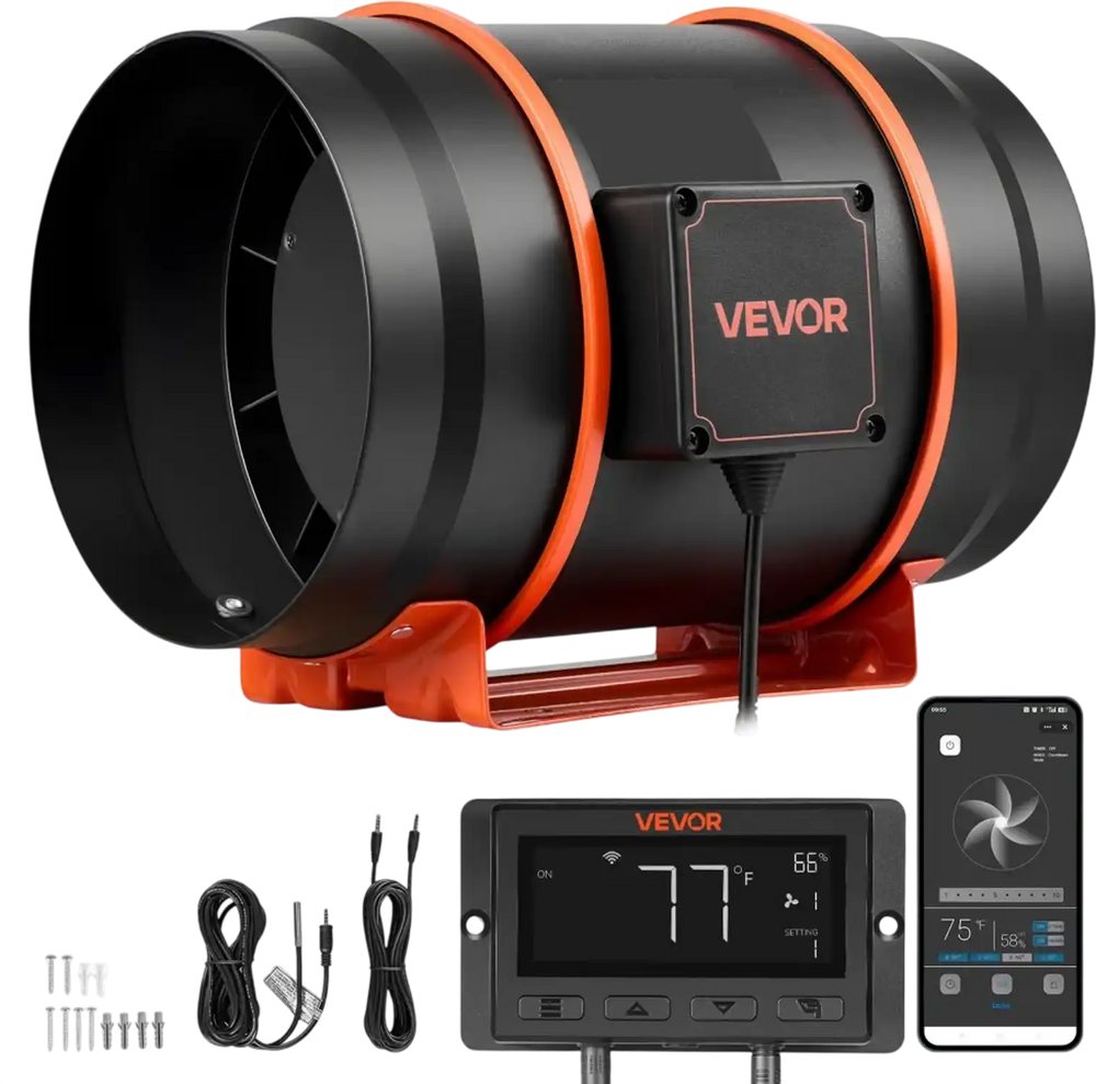 VEVOR Inline Duct Fan, 807 CFM 8 inch EC Motor Exhaust Ventilation Fan with 10-Speed, PWM Controller, App Control, Temperature Humidity Sensor, Cooling for Grow Tent, Indoor Gardening, Hydroponics