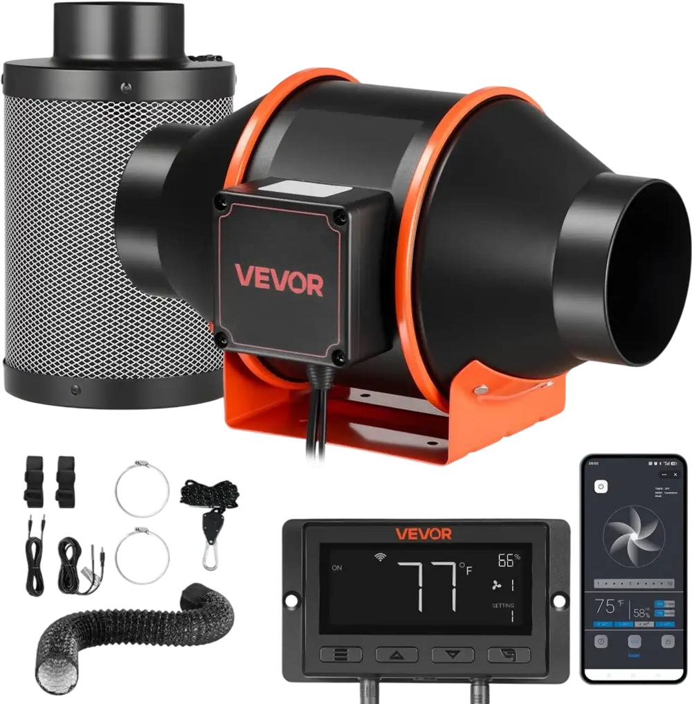 VEVOR Inline Duct Fan Kit Carbon Filter, 205 CFM 4 inch EC Motor Exhaust Ventilation Fan with 10-Speed, PWM Controller, App Control, Timer, Cooling System for Grow Tent, Indoor Gardening, Hydroponics